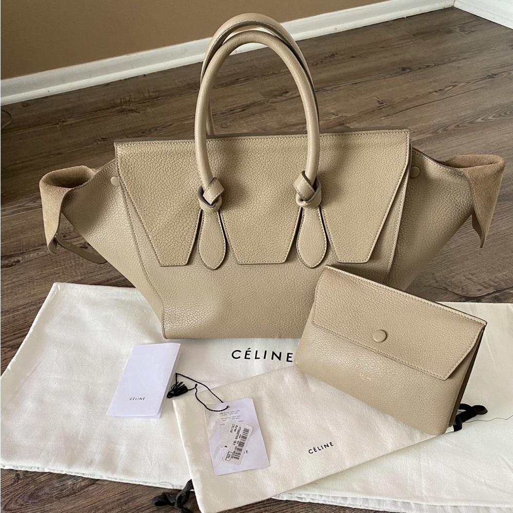 Authentic CELINE large tie tote taupe pebbled calfskin leather